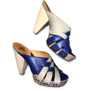 John Fluevog Curie Indigo & Grey heeled sandals